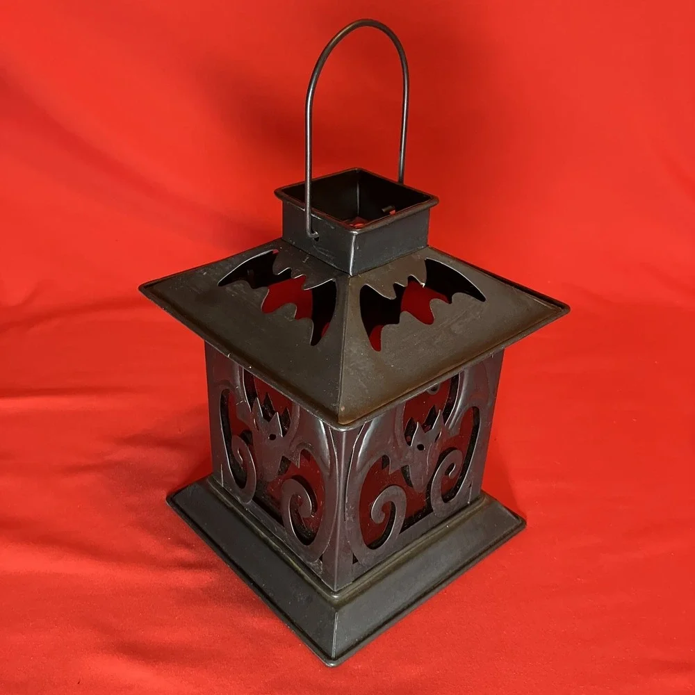 Illuminations Votive Lantern / Bats / Black Metal / Tea Light Holder / Red Glass